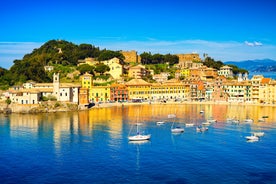 Photo of aerial view of Levanto or Levante, a beautiful fishing village in Liguria, Italy.