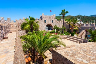 Photo of Marmaris marina with yachts aerial panoramic view in Turkey.