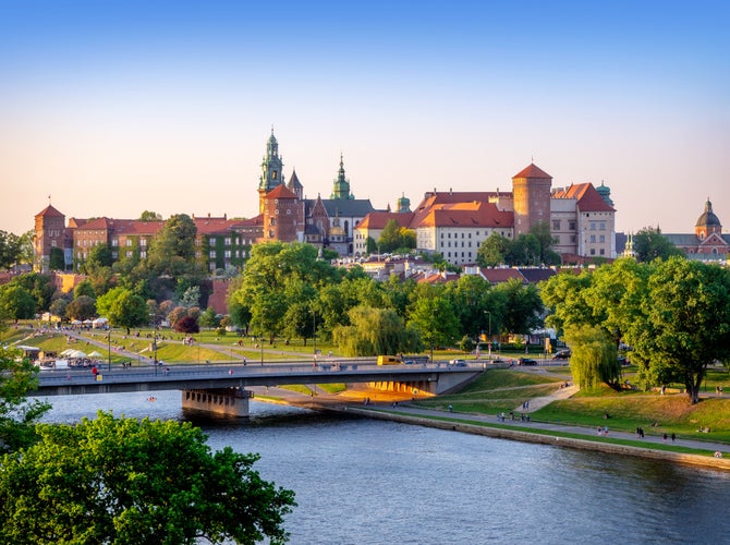 Photo of Wawel castle and cathedral, Vistula river, Podwawelski bridge, Krakow, Poland. 