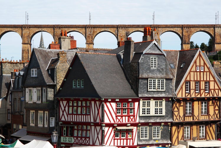 photo of view of View of Morlaix in Brittany with railway viaduct, Morlaix, France.