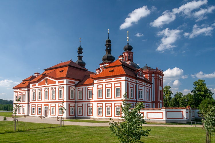 Museum and Gallery of the Northern Pilsen Region at Marianska Tynice. Baroque Church of the Annunciation and the Cistercian Provost Office built in the 18th century. Tynec, CZ.