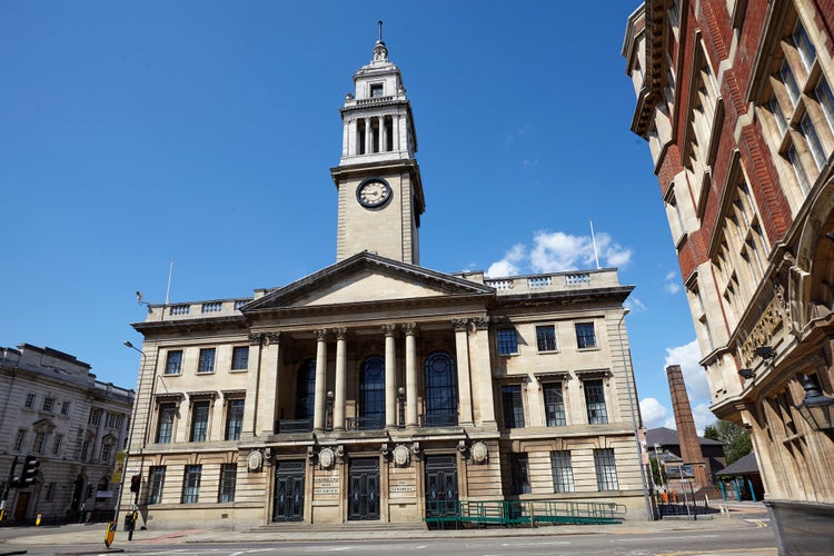 Front facade of low gate frontage of the grade 2 listed 'Guildhall' in Kingston Upon Hull, architect Sir Edwin Cooper