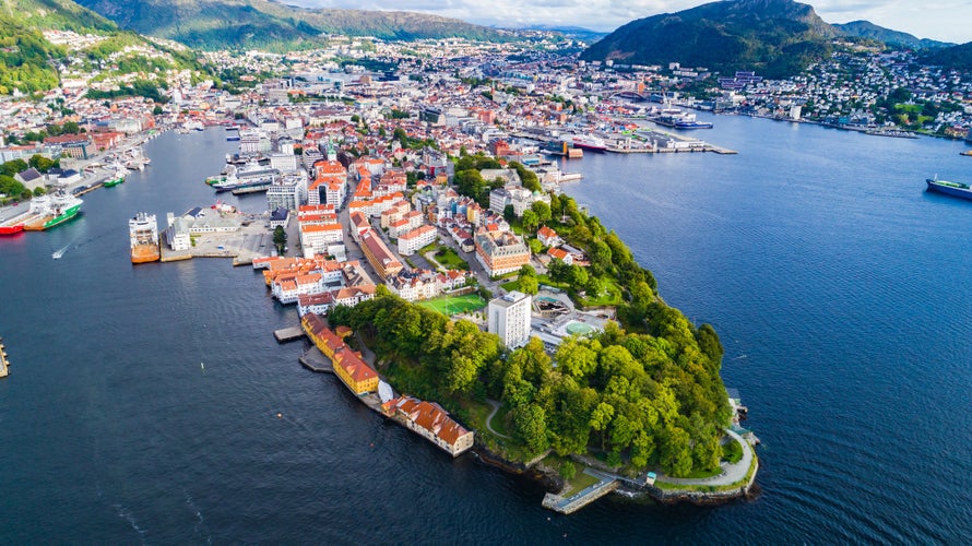 Aerial view of old town, Bergen, Norway.