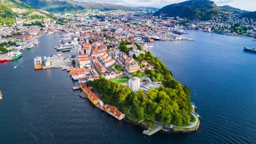 Photo of aerial view of small Norway city Sogndal.