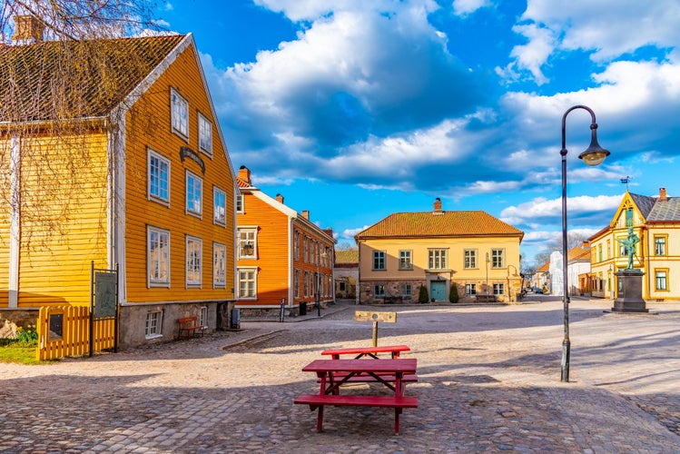 Torvet square in Fredrikstad with statue of the founder of the city - king Fredrik II, Norway