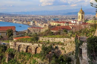 Naples, Italy. View of the Gulf of Naples from the Posillipo hill with Mount Vesuvius far in the background and some pine trees in foreground.