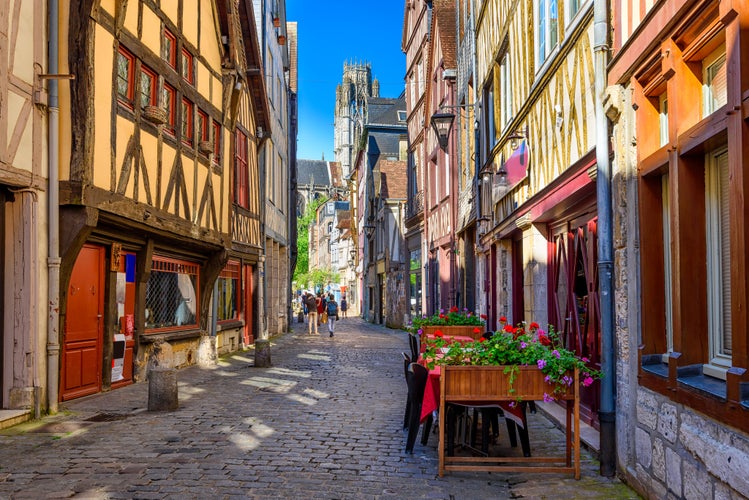 Street with timber framing houses in Rouen, Normandy, France. Architecture and landmarks of Rouen. Cozy cityscape of Rouen.