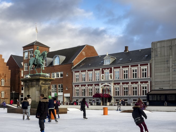 PHOTO OF VIEW OF Main square with public ice rink in Esbjerg, Denmark.