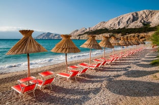 Photo of panoramic aerial view of Baska town, Krk, Croatia.