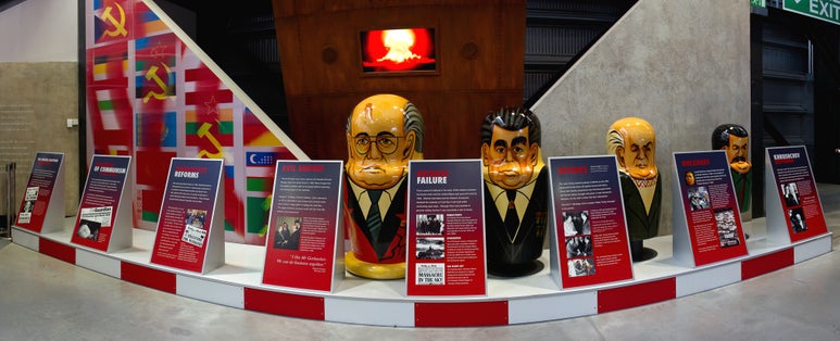 Soviet Russian leader matryoshka dolls of Stalin, Khrushchev, Brezhnev and Gorbachev, with detail of détente, on display at Royal Air Force Museum.
