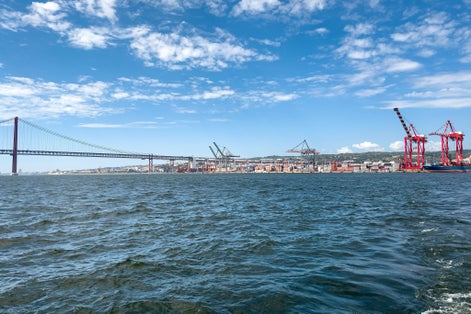 A view from a tour boat passing by the Port of Lisbon