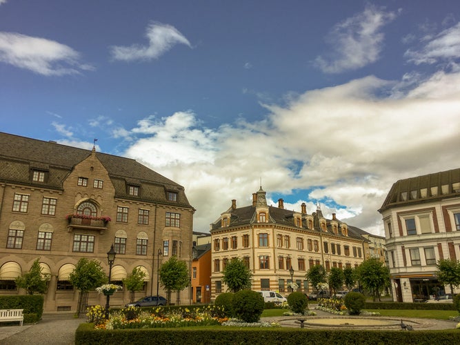 photo of  view of Beautiful Square in Hamar, Norway with Old Buildings and Park.