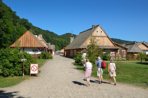 Old cottages in an open-air ethnography museum in Sanok, Poland. It's an example of a typical traditional houses in the Polish village.