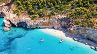 Photo of aerial view of beautiful landscape of Navagio Beach with shipwreck on Zakynthos island, Greece.