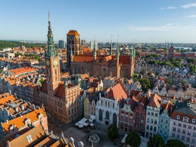 Photo of aerial view of Torun old town with Vistula river, Poland.