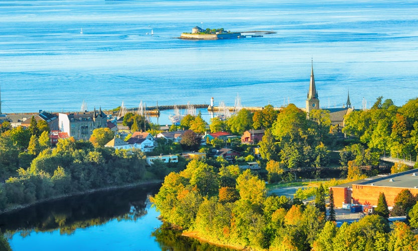  Aerial view of the river Nidelva, the church Ila and Trondheim fjord with the island Munkholmen