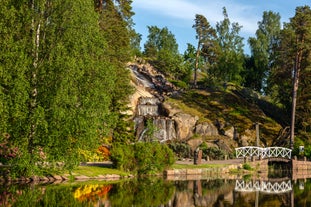 Early autumn morning panorama of the Port of Turku, Finland, with Turku Castle at background.