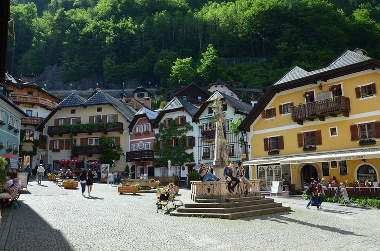 View of famous Hallstatt mountain village in the Austrian Alps at beautiful light in summer, Salzkammergut region, Hallstatt, Austria. Hallstatt village on Hallstatter lake in Austrian Alps.