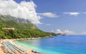 Photo of panoramic aerial view of old town of Budva, Montenegro.