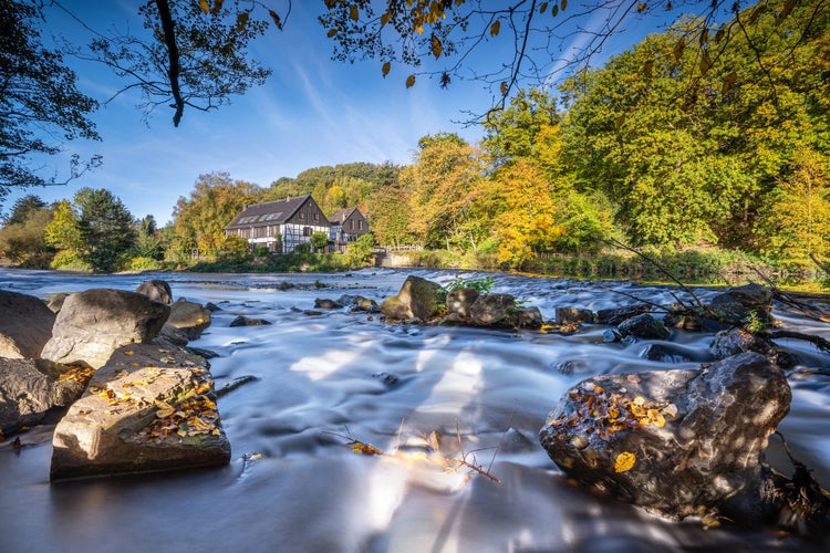 Panoramic image of the Wipperkotten close to the Wupper river during autumn, Solingen, Germany