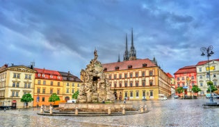 Photo of aerial view on Mikulov town in Czech Republic with Castle and bell tower of Saint Wenceslas Church.