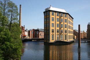 Photo of Motala stream in Norrkoping during fall, that is a historic industrial town in Sweden.