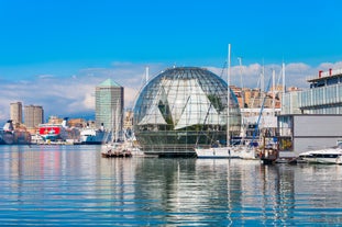 Photo of beautiful landscape of panoramic aerial view port of Genoa in a summer day, Italy.