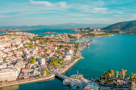 Photo of summer aerial view of city of Chalkida Greece with beach view.