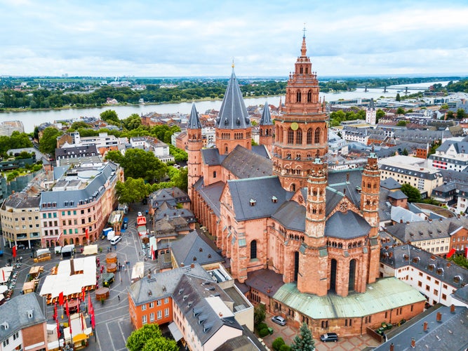 Mainz Cathedral aerial panoramic view ,located at the market square of Mainz city in Germany