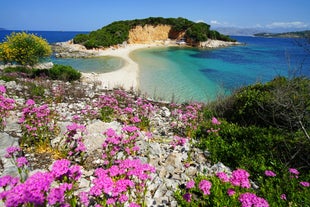 Photo of panoramic aerial view of Ksamil beautiful beach, Albanian Riviera.