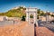 Bright morning view of Arch of Trajan and Cattedrale di San Ciriaco church. Wonderful summer cityscape of Ancona town, Italy, Europe. Traveling concept background.