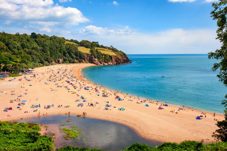 photo of a sunny seascape with people enjoying the beach in Blackpool Sands, Devon.