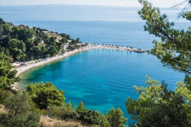 Photo of aerial view of Stobrec popular touristic destination on Adriatic sea, suburb of city of Split, Croatia.