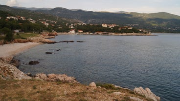 Photo of aerial view of Historic Adriatic town of Krk aerial view, Island of Krk, Kvarner bay of Croatia.