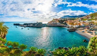 Aerial drone view of Camara de Lobos village, Madeira.