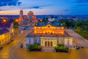 Photo of aerial view of the town of Berkovitsa, Bulgaria.