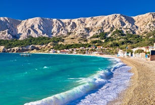 Photo of panoramic aerial view of Baska town, Krk, Croatia.