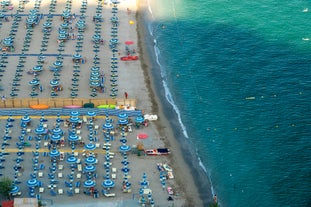 Photo of aerial morning view of Amalfi cityscape on coast line of Mediterranean sea, Italy.