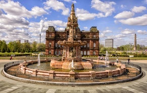 Aerial drone view of Manchester city in UK on a beautiful sunny day.