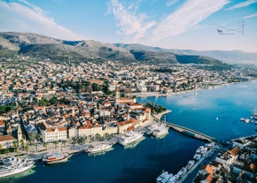 Photo of aerial view of Stobrec popular touristic destination on Adriatic sea, suburb of city of Split, Croatia.