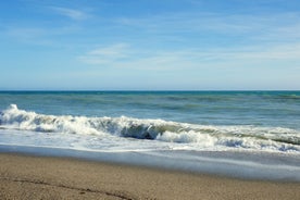 Photo of panoramic view of the Mediterranean beach of Roquetas de Mar in southern Spain.