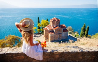 Aerial view of Samuel's Fortress and Plaosnik at Ohrid in North Macedonia.