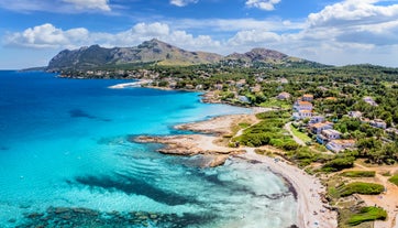 Aerial view with Sant Pere beach of Alcudia, Mallorca island, Spain.