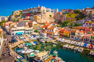 Photo of aerial view of the old town and St Paul church, Hyeres, France.