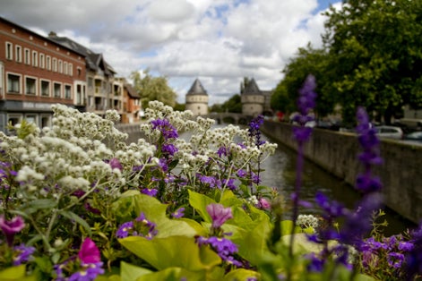 photo of view of Kortrijk Tower Bridge Flowers In Foreground Belgium