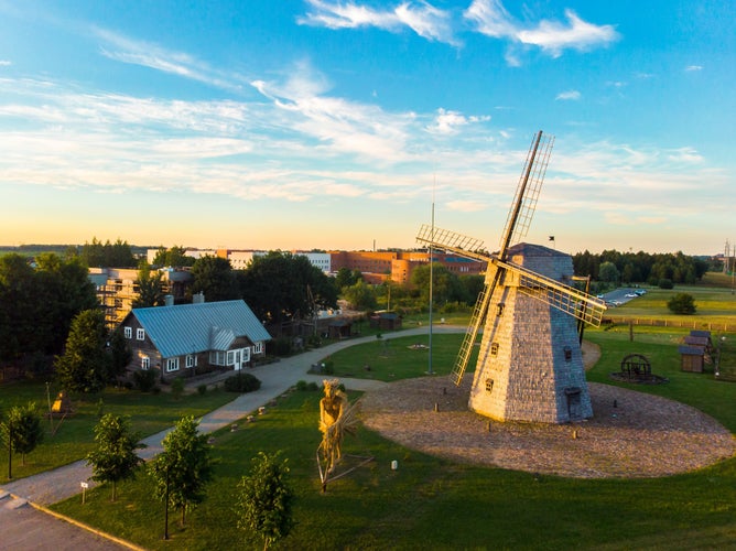 Close up view traditional lithuanian old wooden XIX century horizontal windmill architecture in Siauliai city, Lithuania