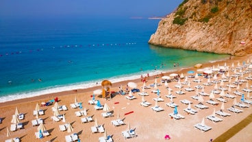 Photo of majestic panoramic aerial view of seaside resort city of Kas in Turkey.