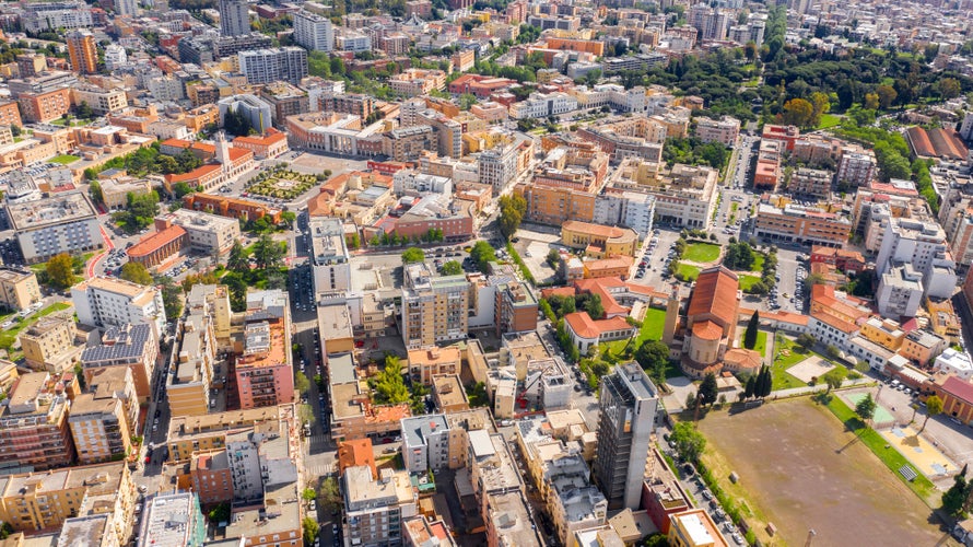 Photo of aerial view of Piazza del Popolo and historical center of Latina, Italy.