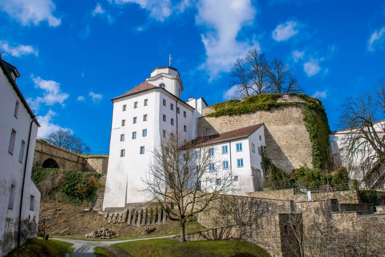 Aerial view of Unterhaus Castle in Passau, Germany.