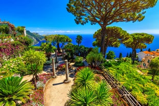 Photo of aerial morning view of Amalfi cityscape on coast line of Mediterranean sea, Italy.